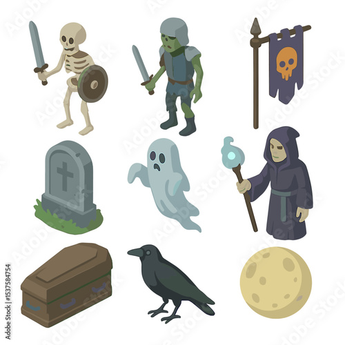 Undead Army Icons. Isometric Flat icon set of Undead army uprising: skeleton soldier, zombie knight, haunted banner, necromancer,