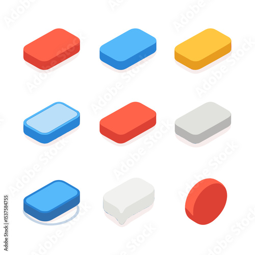 UI Icon Design Set. Isometric Flat icon set of UI design color states: primary button red, primary button blue, primary button
