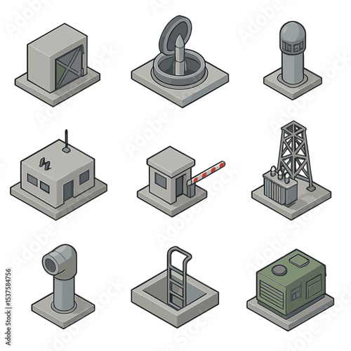 Underground Missile Silo Icons. Isometric Flat icon set of underground missile silo complex: blast door, silo hatch, control