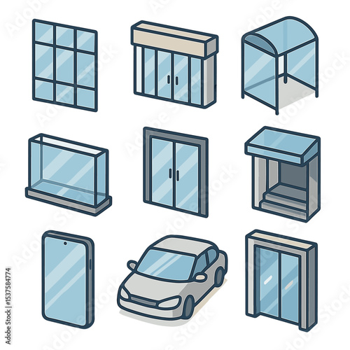 Urban Glass Facade Icons. Isometric Flat icon set of urban glass façade reflections: skyscraper window, storefront glass, bus stop