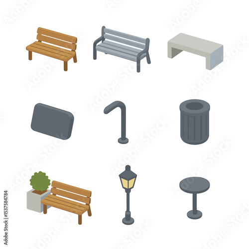 Urban Seating Icons. Isometric Flat icon set of Sidewalk benches and seating: wooden bench, metal bench, concrete seat, backrest