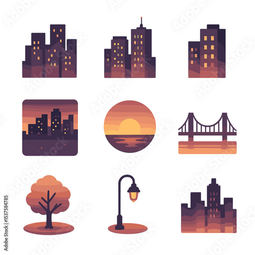 Urban Sunset Skyline Icons. Isometric Flat icon set of Urban skyline at sunset: high-rise silhouettes, lit windows, rooftop