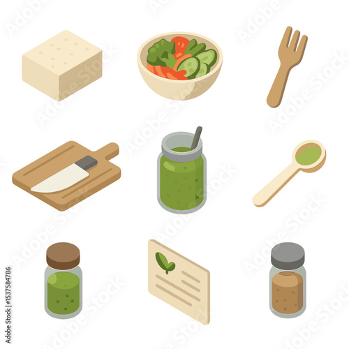 Vegan Meal Prep Icons. Isometric Flat icon set of Vegan meal prep ritual: tofu block, veggie bowl, wooden fork, smoothie jar,