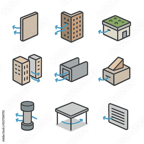 Urban Wind Management Icons. Isometric Flat icon set of urban wind management: windbreak wall, porous façade, green roof, street
