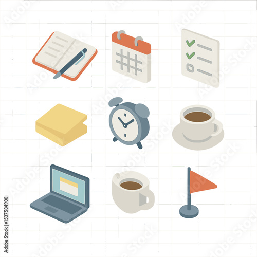 Weekly Planning Icons. Isometric Flat icon set of weekly planning essentials: planner notebook, pen, calendar page, to-do list,