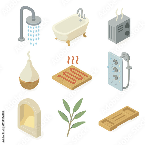 Wellness Spa Icons. Isometric Flat icon set of wellness and spa features: rain showerhead, freestanding tub, steam generator,