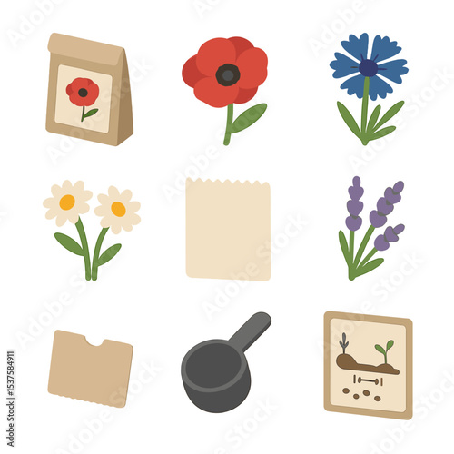 Wildflower Seed Packet Icons. Isometric Flat icon set of wildflower seed packet: seed packet envelope, poppy flower, cornflower,