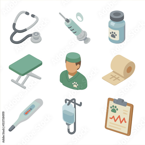Wildlife Care Icons. Isometric Flat icon set of Wildlife health and veterinary care: stethoscope, syringe, medicine vial,