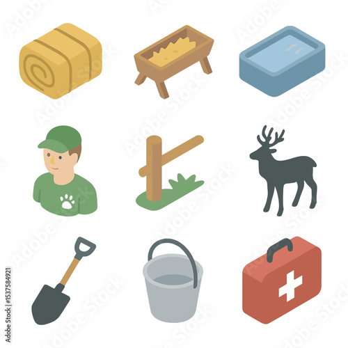 Wildlife Sanctuary Icons. Isometric Flat icon set of Wildlife sanctuary feeding: hay bale, feeding trough, water trough, volunteer