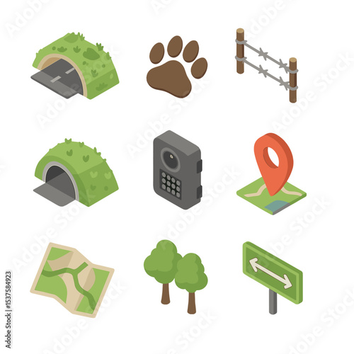 Wildlife Corridor Icons. Isometric Flat icon set of Wildlife corridor design: green overpass, animal track print, fencing segment,