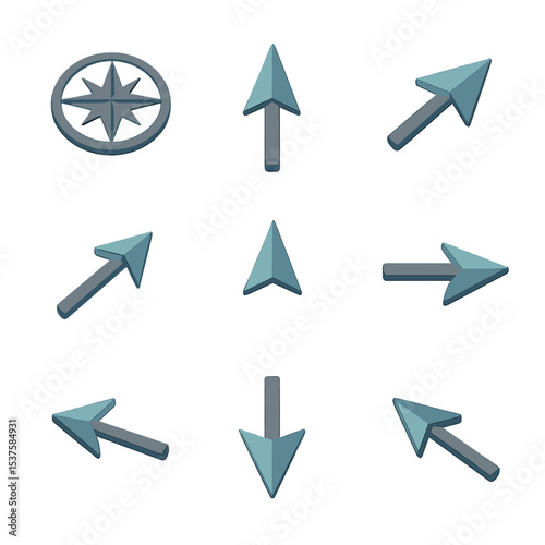 Isometric Wind Direction Icons. Isometric Flat icon set of wind direction symbols: compass rose, north arrow, northeast arrow,