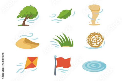 Wind Effects Icons. Isometric Flat icon set of wind effects in nature: swaying tree, flying leaf, dust devil, sand dune,