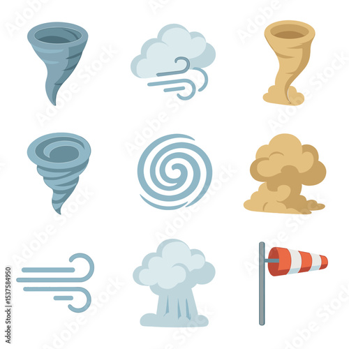 Wind Phenomena Icons. Isometric Flat icon set of wind weather phenomena: tornado funnel, gust cloud, dust devil, whirlwind swirl,