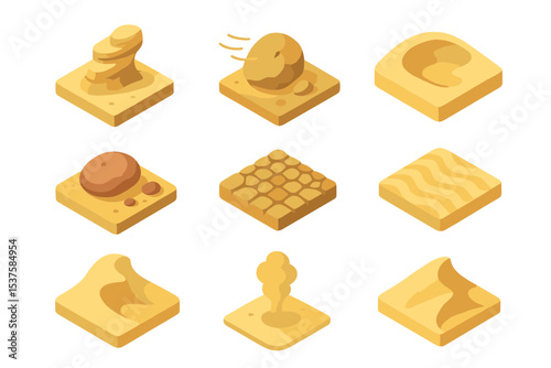 Wind Erosion Icons. Isometric Flat icon set of wind erosion features: yardang, ventifact, deflation hollow, abrasion pebble,