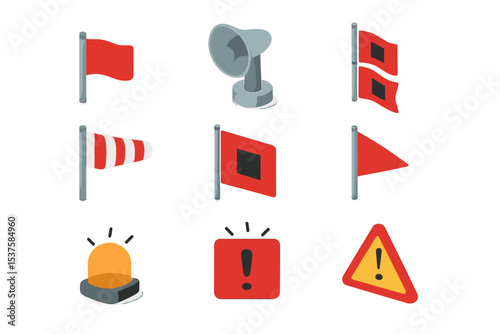 Wind Warning Icon Set. Isometric Flat icon set of wind warning signals: red flag, tornado siren, hurricane warning flag, gale