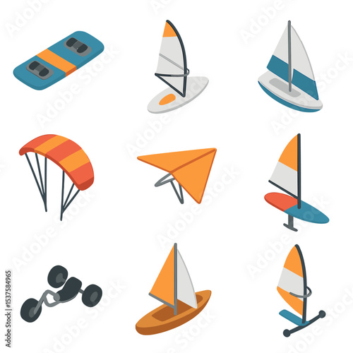 Wind Sports Icons. Isometric Flat icon set of wind sports equipment: kiteboard, windsurf board, sailboat, paraglider wing, hang