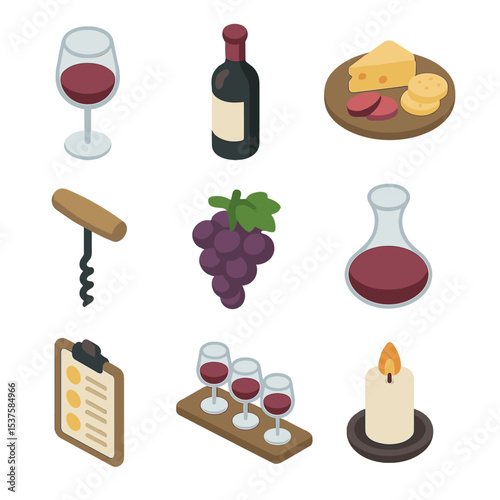 Wine Tasting Icons. Isometric Flat icon set of Wine tasting with friends: wine glass, wine bottle, cheese platter, corkscrew,