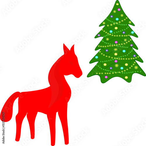 The Christmas tree and the red horse symbolize the Chinese New Year. Vector illustration.