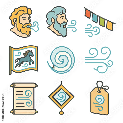 Isometric Wind Icon Set. Isometric Flat icon set of wind folklore and symbols: Zephyr god emblem, Anemoi icon, prayer flags, wind