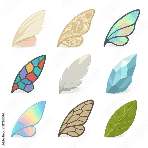 Wing Materials Icons. Isometric Flat icon set of Wing Materials and Textures: silk gossamer, lace panel, iridescent film, stained