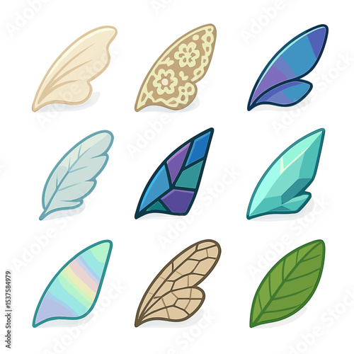 Wing Materials Icons. Isometric Flat icon set of Wing Materials and Textures: silk gossamer, lace panel, iridescent film, stained