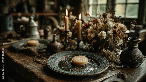   A table with plates of food, vases of flowers, and candles nearby