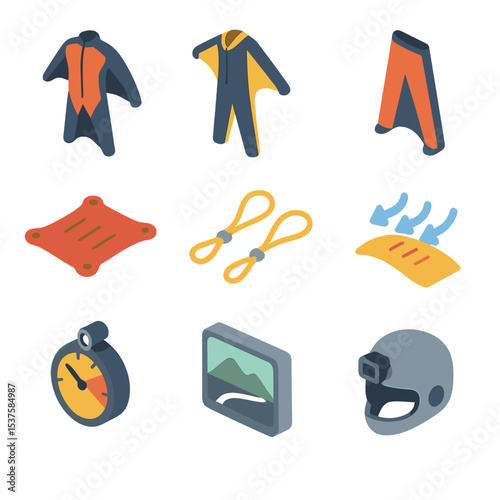 Wingsuit Flight Icons. Isometric Flat icon set of Wingsuit Flight Features: wingsuit wingsuits, arm wing, leg wing, slider,