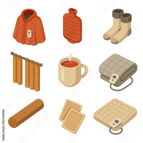 Winter Comfort Collection. Isometric Flat icon set of winter comfort items: wearable heated blanket, hot water bottle, thermal