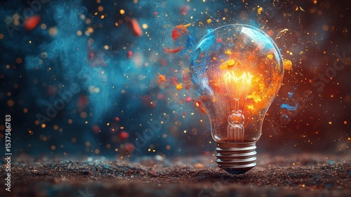 Glowing lightbulb, vibrant colors, creative energy