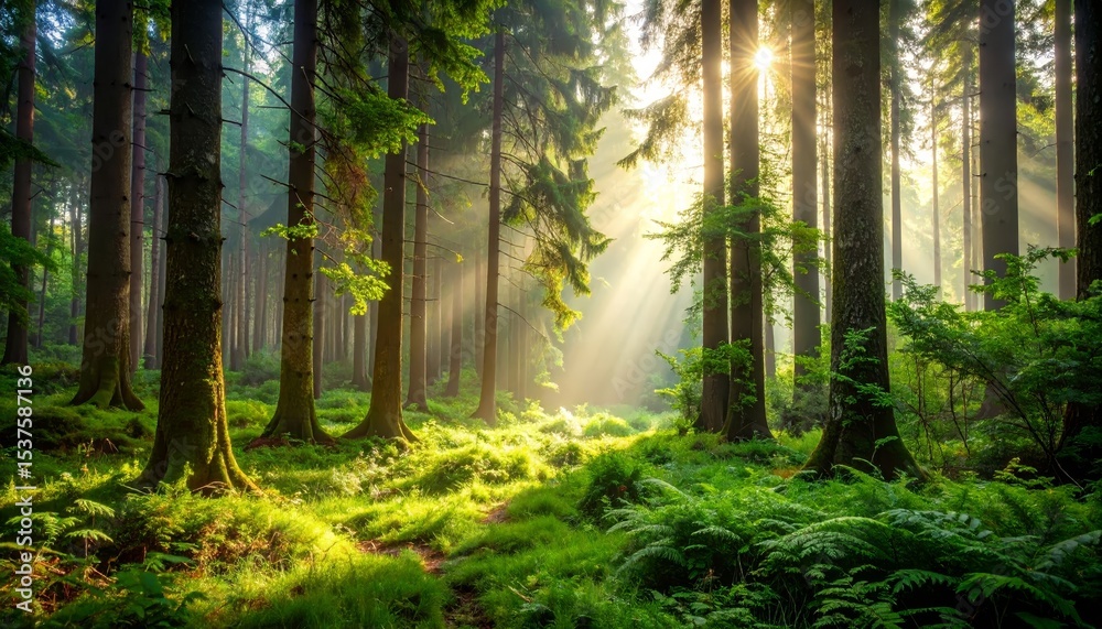 Fototapeta premium Magical forest sunbeams, sunlight filters through lush trees creating enchanting scenery
