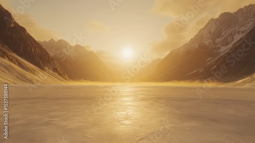 Serene Sunrise Over Majestic Mountains and Frozen Lake Landscape