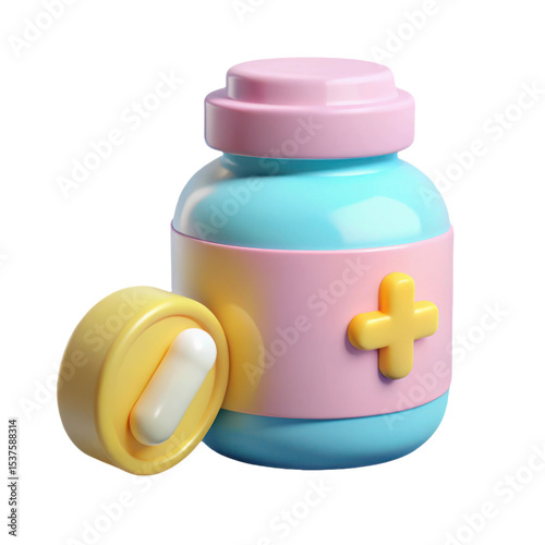 3d render cute pastel pill bottle and capsule medical icon