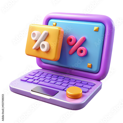 3d render cartoon laptop with discount percentage symbols