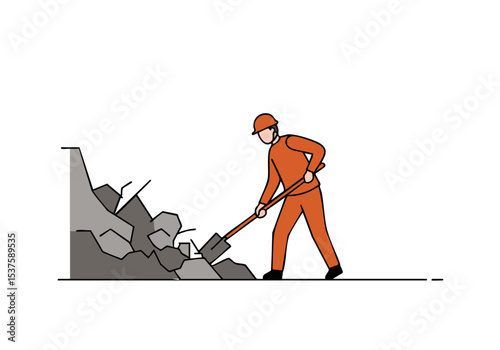 A construction worker uses a pickaxe to demolish a rock wall.  Bold orange figure against a gray backdrop.  Illustrative style, clean lines.