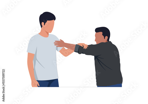 A man demonstrates an arm block technique to a younger man. Clear, instructional illustration. Focus on body positioning and technique.