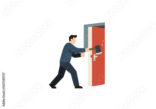A man forcefully breaks down a door with an axe, symbolizing escape or rebellion. Bold, graphic illustration with a modern, minimalist style.