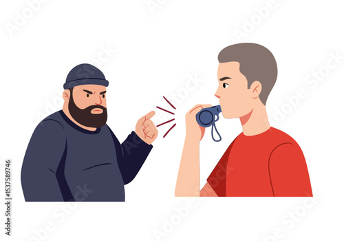 A man confronts a photographer, gesturing to 'WHISTLE STOP'. Intense expression, camera in hand. Dramatic, conflict scene. Suitable for stock illustrations.