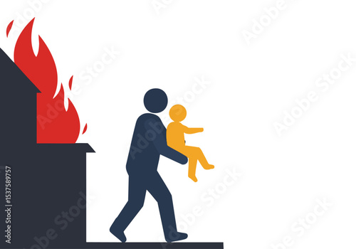 A man rescues a child from a burning building. Dramatic rescue, urgent action, vibrant flames. Illustrative style, strong composition, conveys safety and heroism.