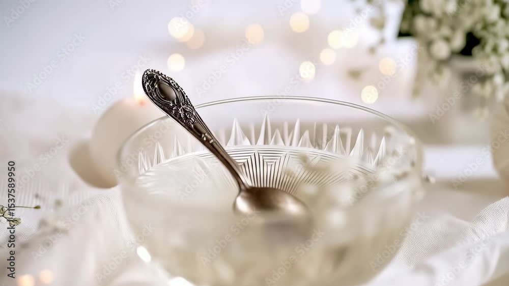 Elegant still life featuring a crystal bowl with a spoon, white flowers, lit candle and string ball against bokeh lights