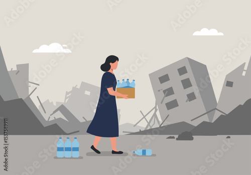 A woman delivers bottled water amidst a devastated cityscape, symbolizing urgent aid. Strong composition, impactful imagery. Focus on relief efforts.
