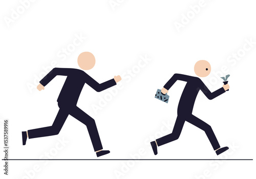 Two figures chase, one holding a briefcase, the other fleeing. A stark visual representation of 'Chase Stop'. Clean, minimalist illustration.