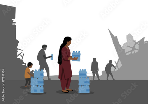 A woman distributes bottled water to displaced families amidst a devastated cityscape. A poignant scene of resilience and aid. Strong composition, impactful imagery.