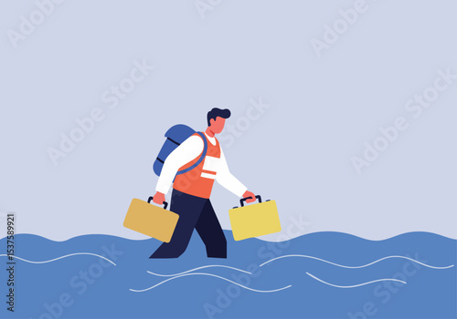 A male volunteer carries medical kits while traversing a flooded landscape.  Clear composition, vibrant colors, and a sense of urgency. Suitable for health, disaster relief, and outdoor themes.