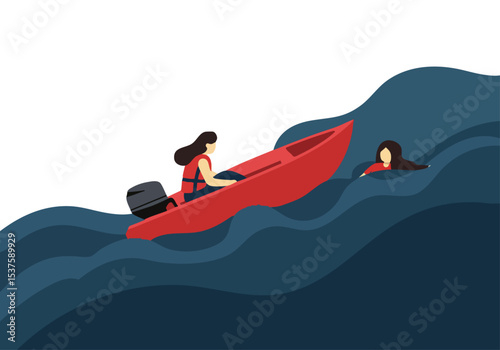 A red boat rescues a swimmer from turbulent waves. A woman in a life vest operates the boat, showcasing a dramatic rescue scene. Clean, modern illustration.