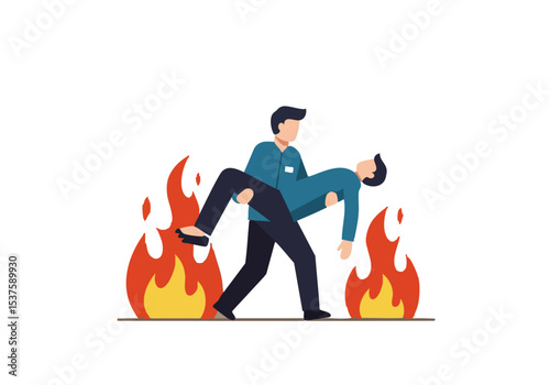 A professional carries a fallen colleague through flames, symbolizing urgent aid and crisis management. Dynamic composition, bold colors, and dramatic action.
