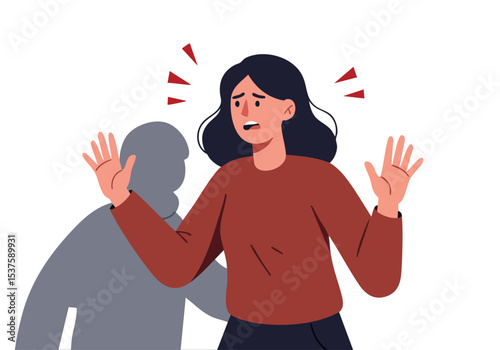 A woman displays a 'signal aid' gesture, reacting to a shadowy figure. Expresses fear and vulnerability. Illustration style.