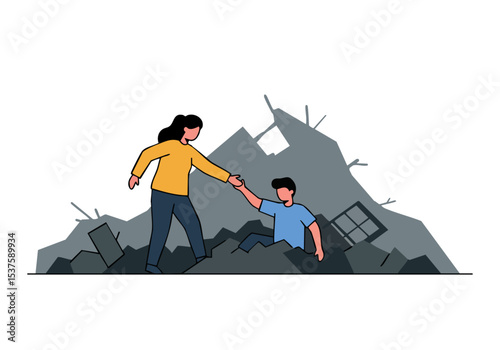 A woman extends a hand to help a man emerge from rubble. A powerful image of support and rescue amidst devastation.  Strong composition, impactful visual.