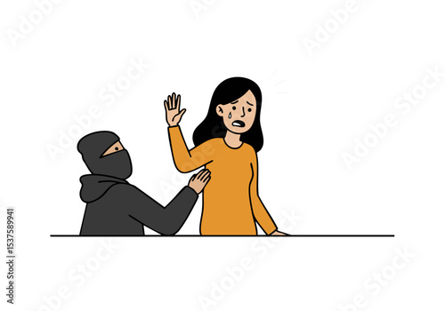 A woman screams in fear as a masked attacker grabs her. Dramatic illustration depicting a 'Signal Aid' situation. High contrast, emotional scene.