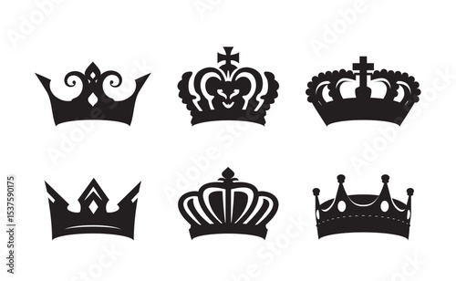 Set of black king crowns. Outline Icons isolated