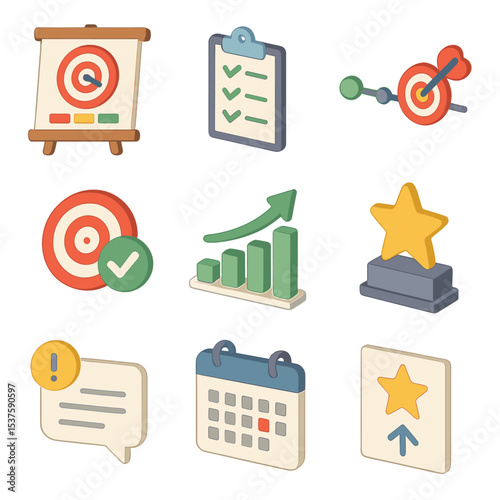Финансовые Цели Иконки. Isometric Flat icon set of отслеживания финансовых целей: доска целей, чек-лист задач, таймлайн, значок «ц